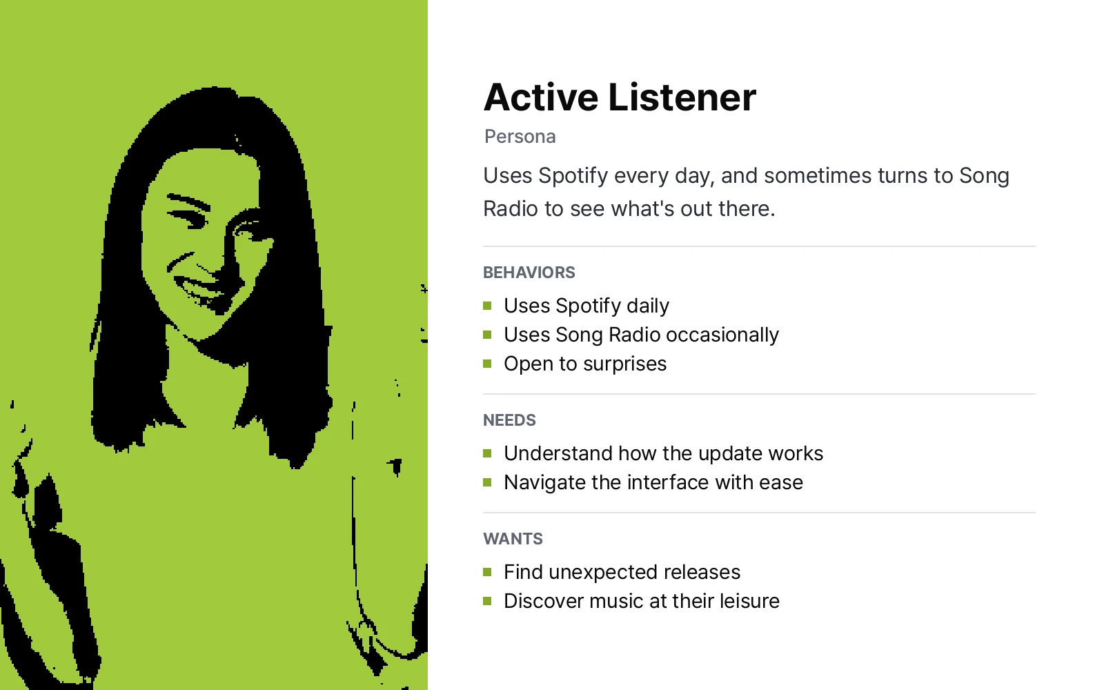 Active listener persona: uses Spotify every day and Song Radio occasionally, with their behaviors, needs, and wants