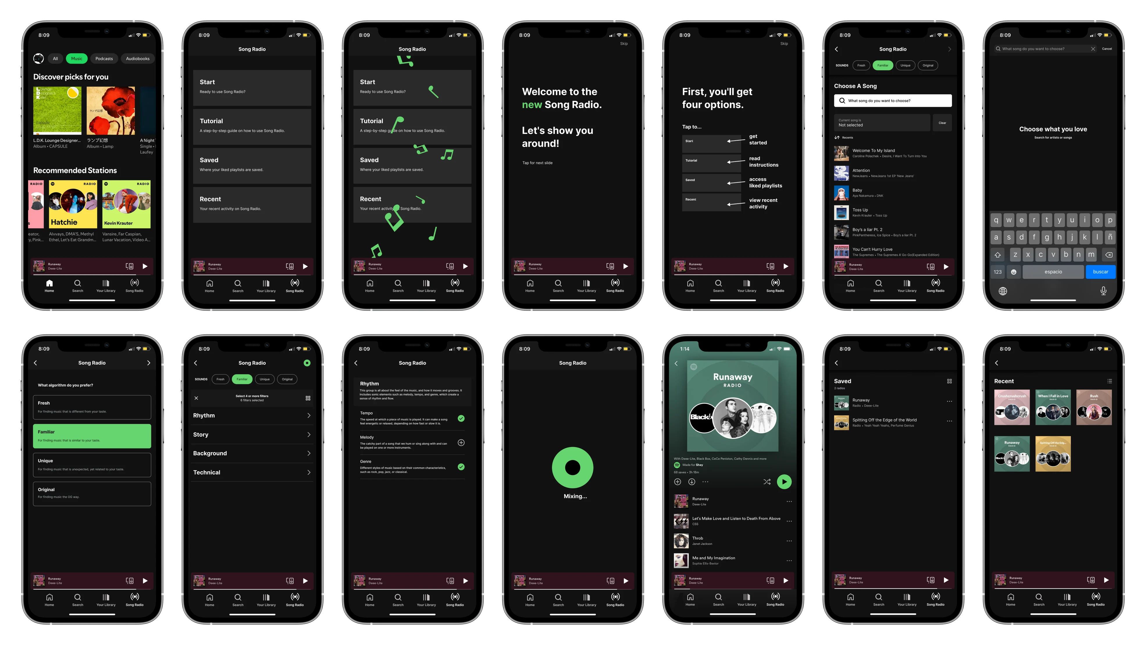 Mid fidelity wireframes of all fourteen Song Radio screens, from the home screen and tutorial to filters, the playlist, saved, and recent