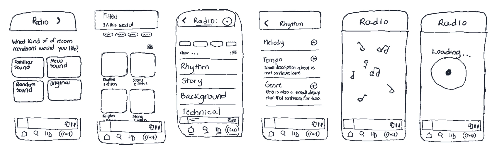 Low fidelity wireframe sketches of six Song Radio screens